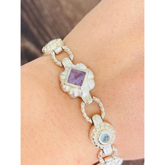FAS 925 sterling silver natural amethyst blue topaz bracelet 7.25"